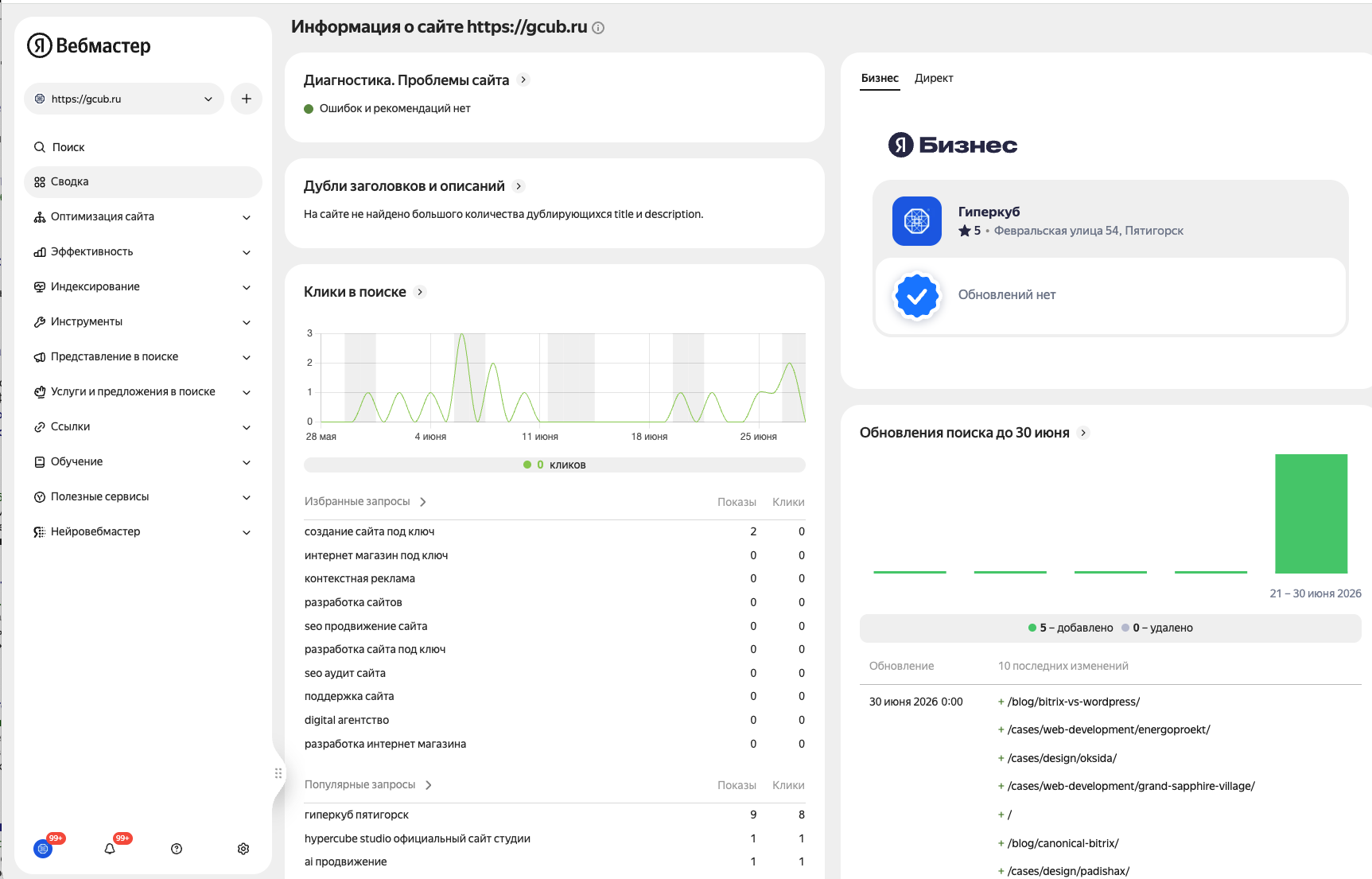 В Яндекс Вебмастере стоит проверить индексацию сайта, sitemap.xml, robots.txt и региональность.