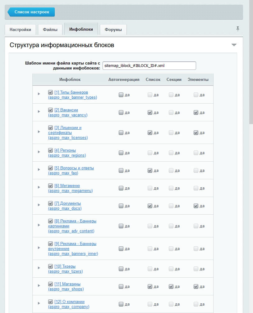 Вкладка «Инфоблоки» генератора sitemap.xml в 1С-Битрикс